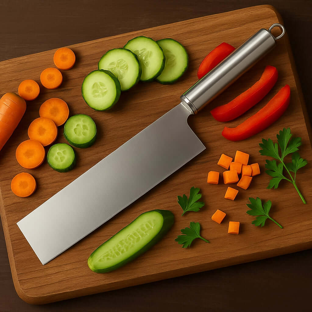 Ultra-sharp vegetable cleaver knife on a wooden cutting board with chopped vegetables.