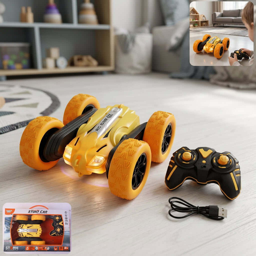 Remote control flip stunt car with LED lights and controller on a wooden floor.