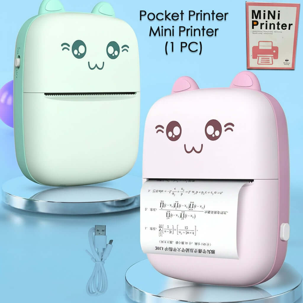Pocket Mini Bluetooth Thermal Printer with Paper Roll in cute pastel colors, printing notes and diagrams.