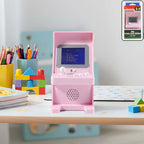 Mini Retro Arcade Gaming Console - 120 Built-in Games displayed on a colorful desk with art supplies.
