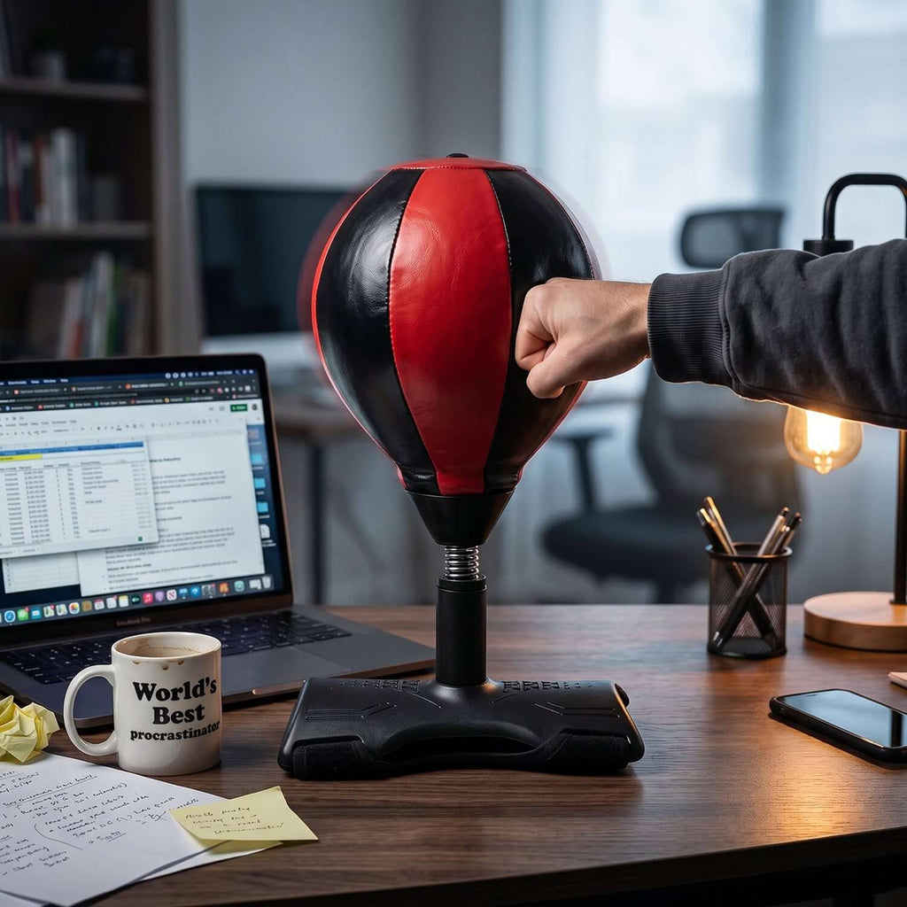 Inflatable Punching Bag with Air Pump (B-Grade, 1 Pc) in use on a desk, showcasing a person punching the bag.