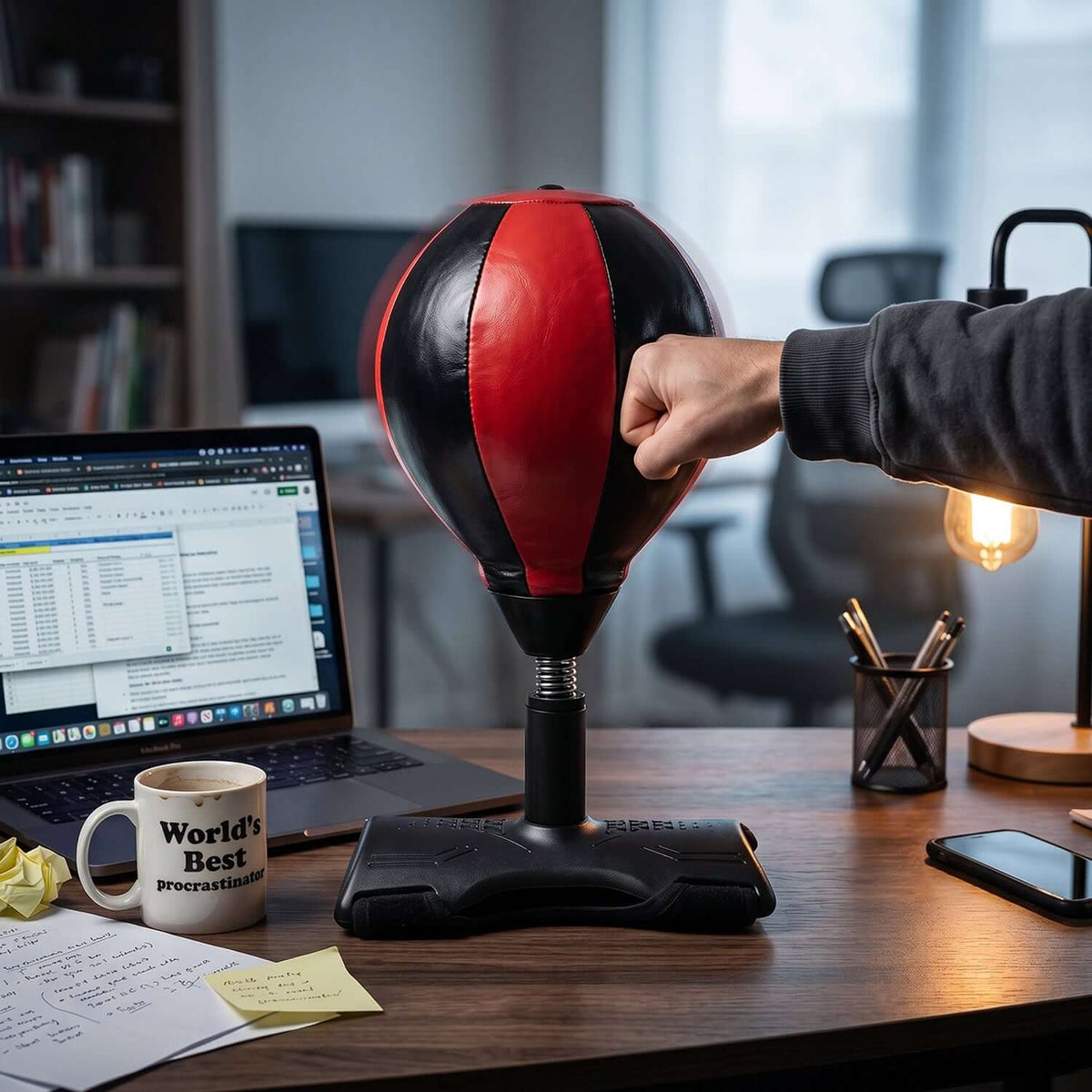 Inflatable Punching Bag with Air Pump (B-Grade, 1 Pc) in use on a desk, showcasing a person punching the bag.