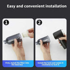 Installation steps for the 3-in-1 rechargeable car vacuum cleaner, showing filter and dust box setup.