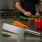 Stainless steel ultra-sharp vegetable cleaver knife with fresh vegetables in a modern kitchen setting.