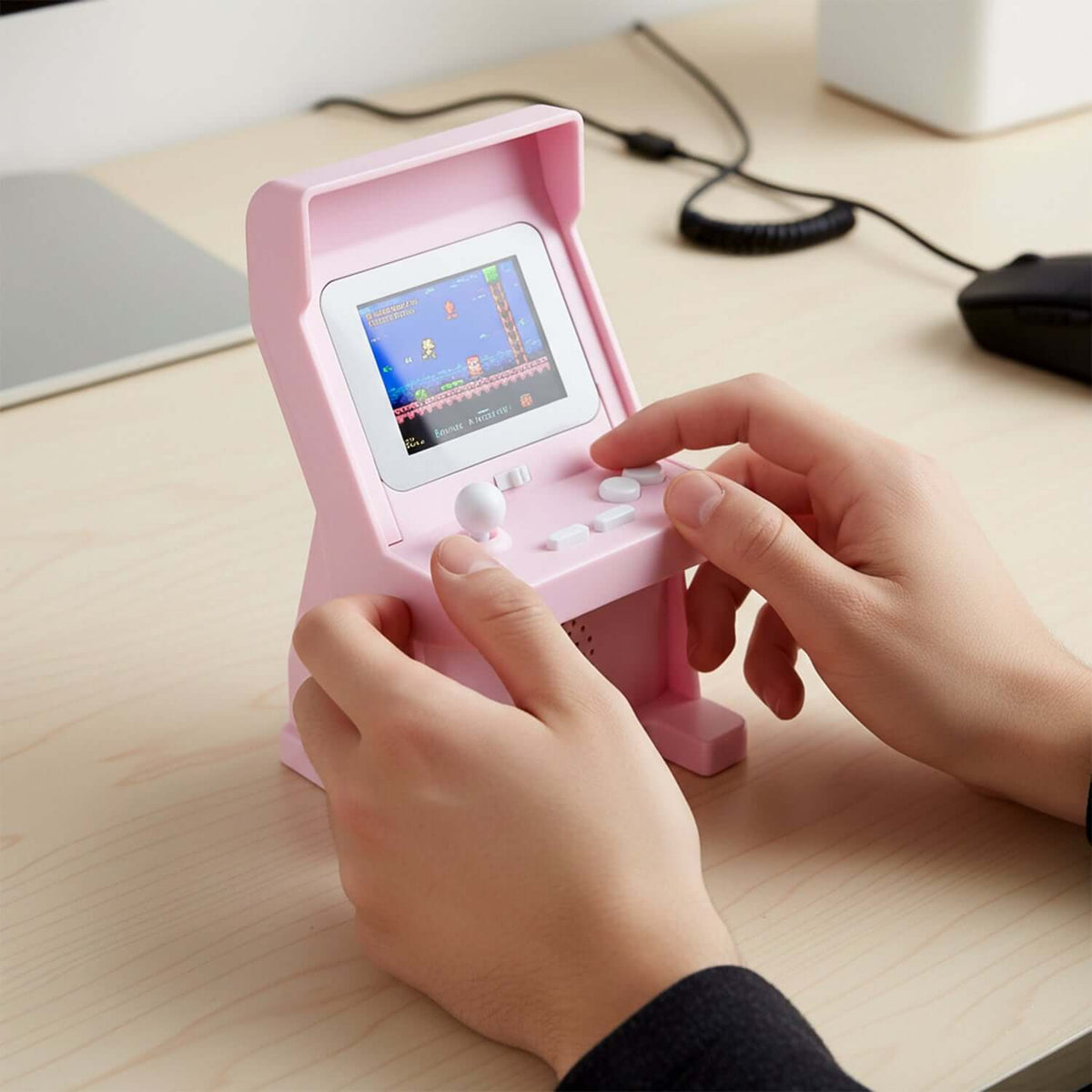 Mini Retro Arcade Gaming Console with 120 built-in games in a pink design being played on a table.