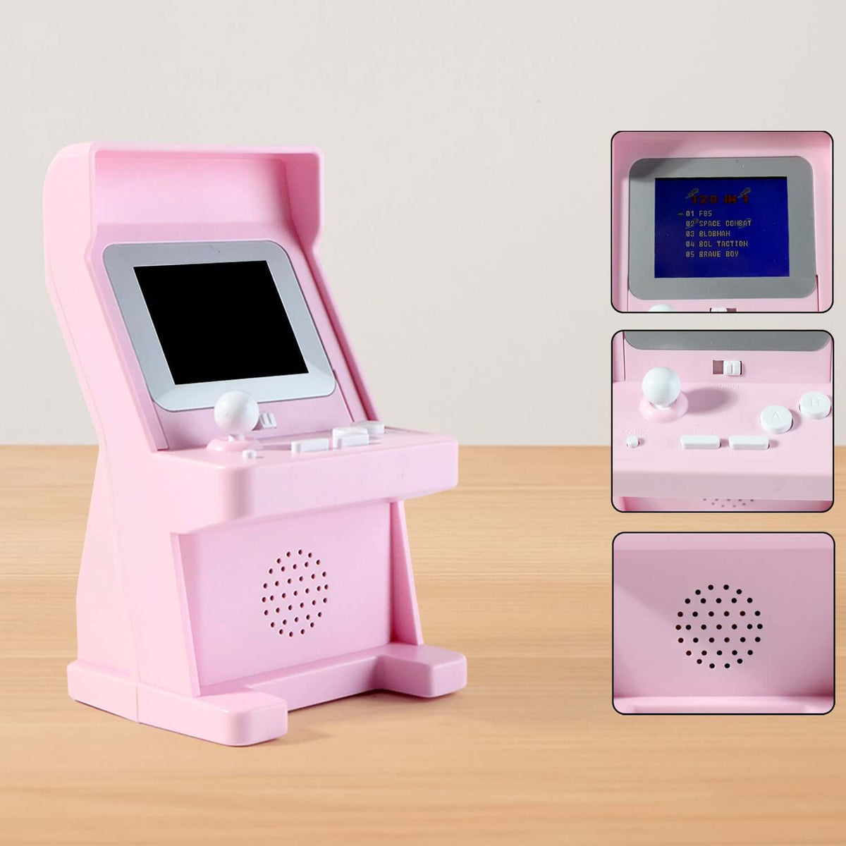 Mini Retro Arcade Gaming Console with 120 built-in games in a pink design, perfect for retro gaming enthusiasts.