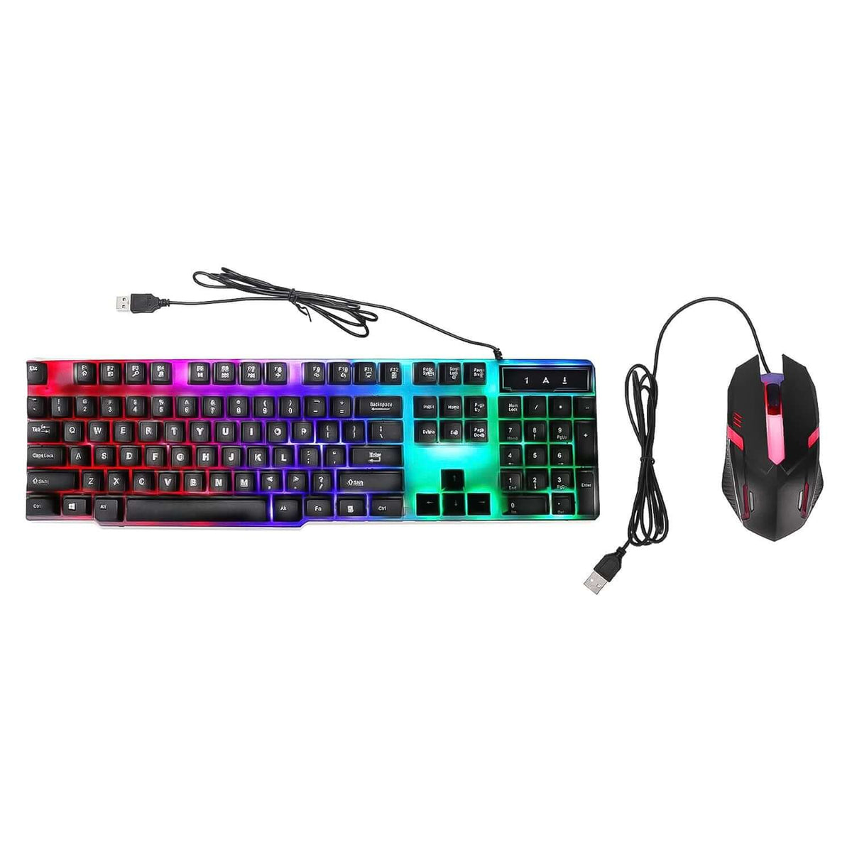 104-key backlit gaming keyboard and mouse set with colorful backlighting and USB connections.