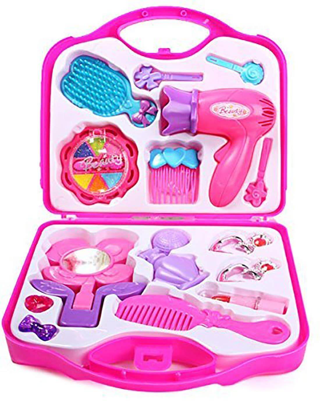 Kids beauty makeup set suitcase with pretend cosmetics, hair tools, and accessories in a foldable case.