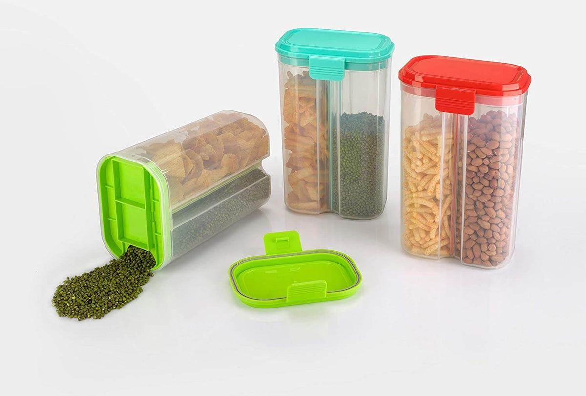 2-Section Airtight Cereal Storage Container 2L showcasing transparent food-grade jars with sliding lids.