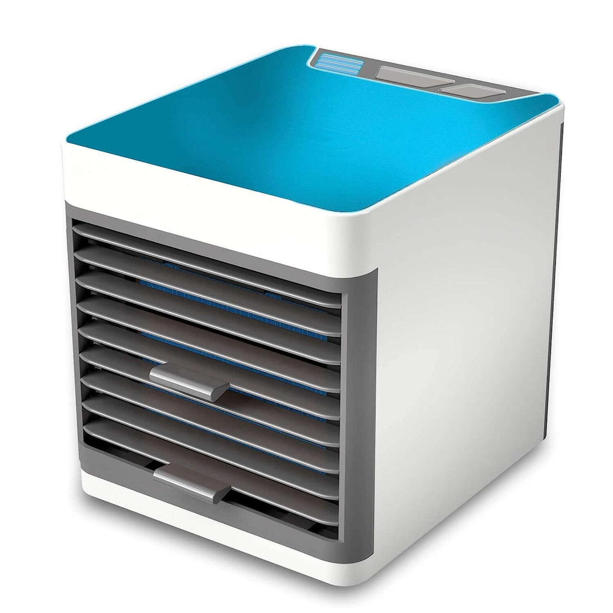 Mini portable air cooler with LED light designed for personal use on a desk or bedside table.