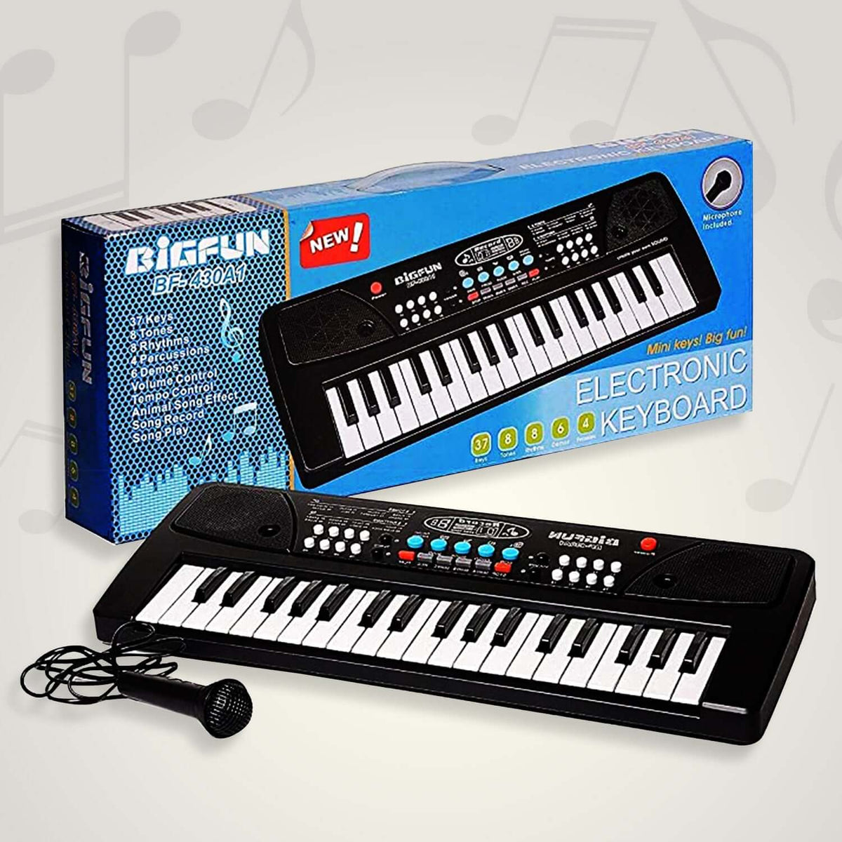 37-Key kids piano keyboard microphone with attached mic for play and sing features, perfect for children.