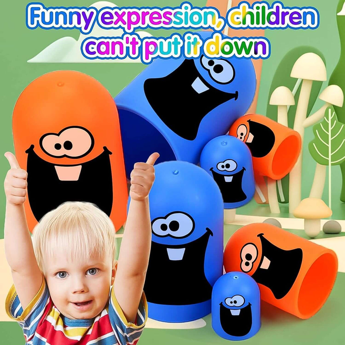 Tic-Tac-Toe Gobble Board Game for Kids & Family with colorful tokens and a joyful child giving thumbs up.