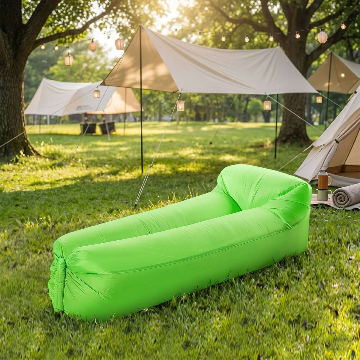 Bright green inflatable air lounger for outdoor use set up in a grassy camping area with tents and lights.
