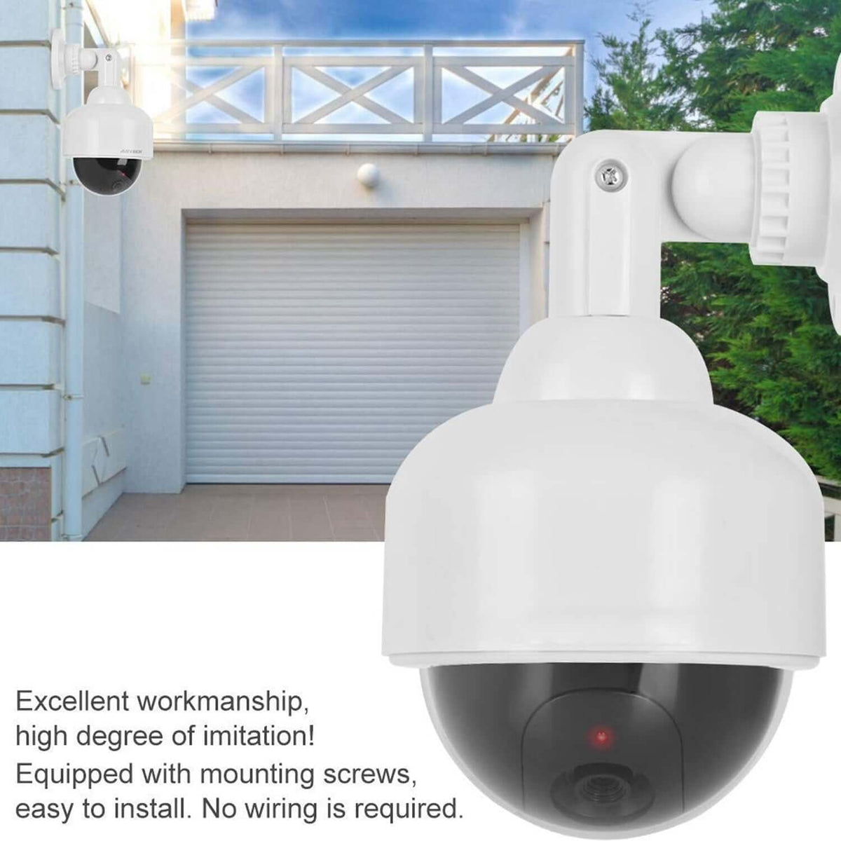 Realistic dummy CCTV camera mounted outside a garage, featuring a dome shape and blinking red LED indicator.