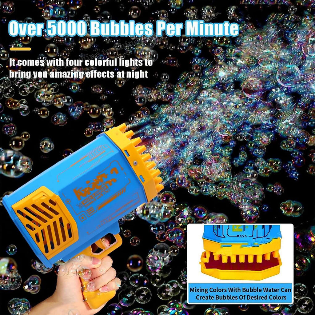Rechargeable bubble gun for kids shooting over 5000 bubbles per minute with colorful lights for nighttime effects.