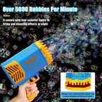 Rechargeable bubble gun for kids shooting over 5000 bubbles per minute with colorful lights for nighttime effects.