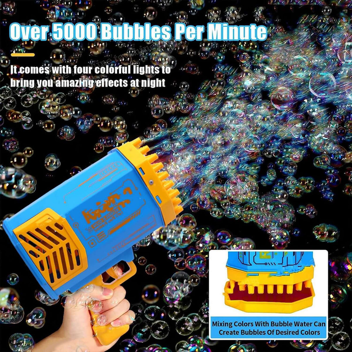 Rechargeable bubble gun for kids shooting over 5000 bubbles per minute with colorful lights for nighttime effects.