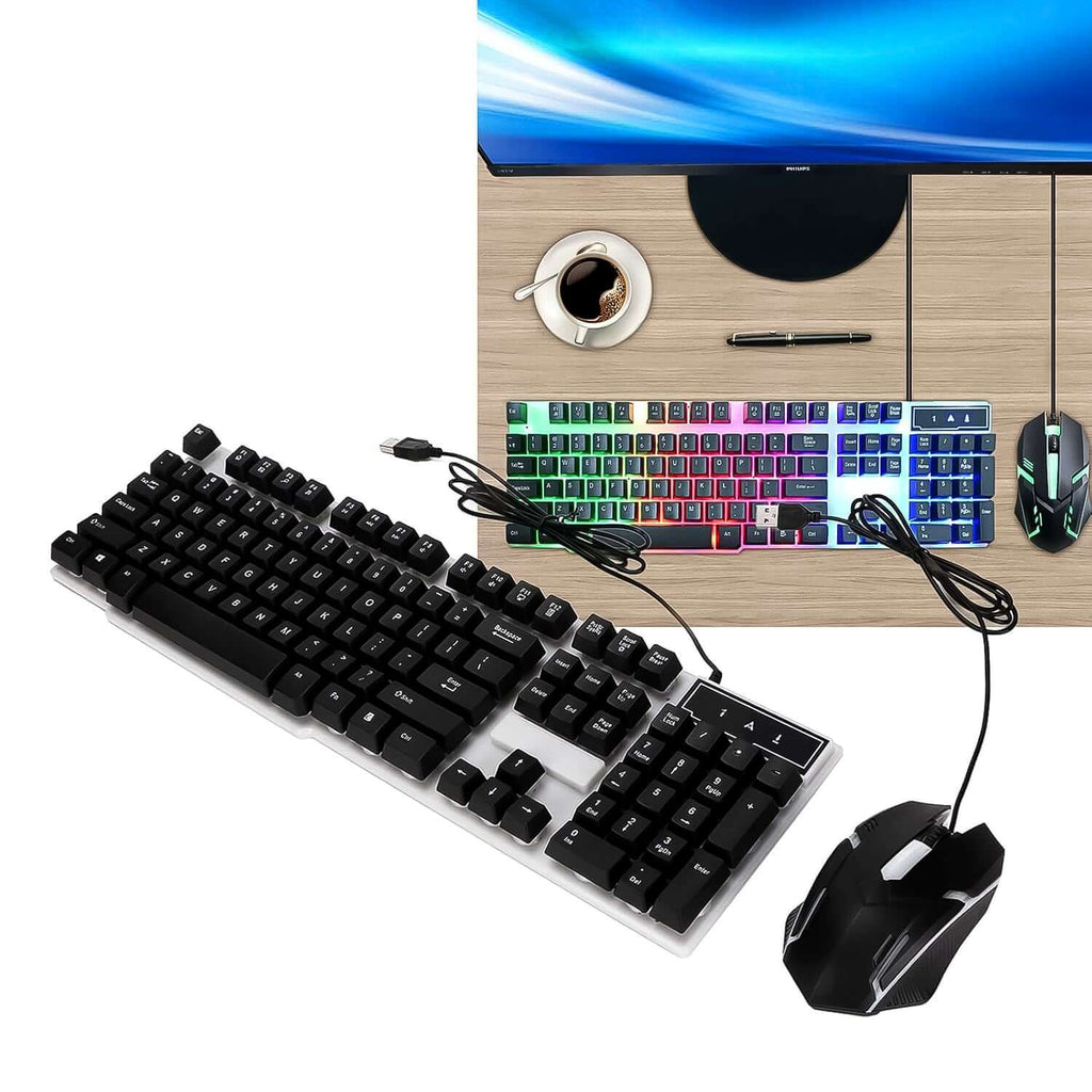 104-Key Backlit Gaming Keyboard & Mouse Set (2 Pc) displayed on a wooden desk with a coffee cup.