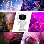 Astronaut Galaxy Projector Night Lamp displayed at a party, projecting colorful stars and nebulae in various settings.