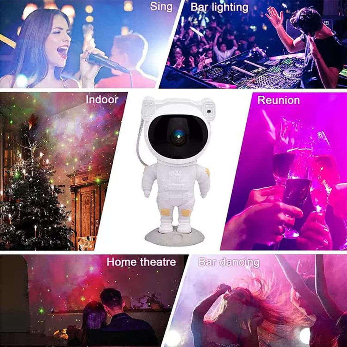 Astronaut Galaxy Projector Night Lamp displayed at a party, projecting colorful stars and nebulae in various settings.