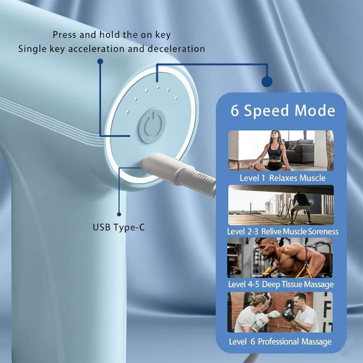 Electric massage gun with interchangeable heads featuring 6 speed modes and USB Type-C charging.