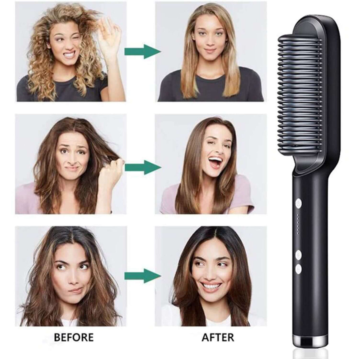 Before and after using hair straightener brush with scalp massage for smooth, straight hair results.