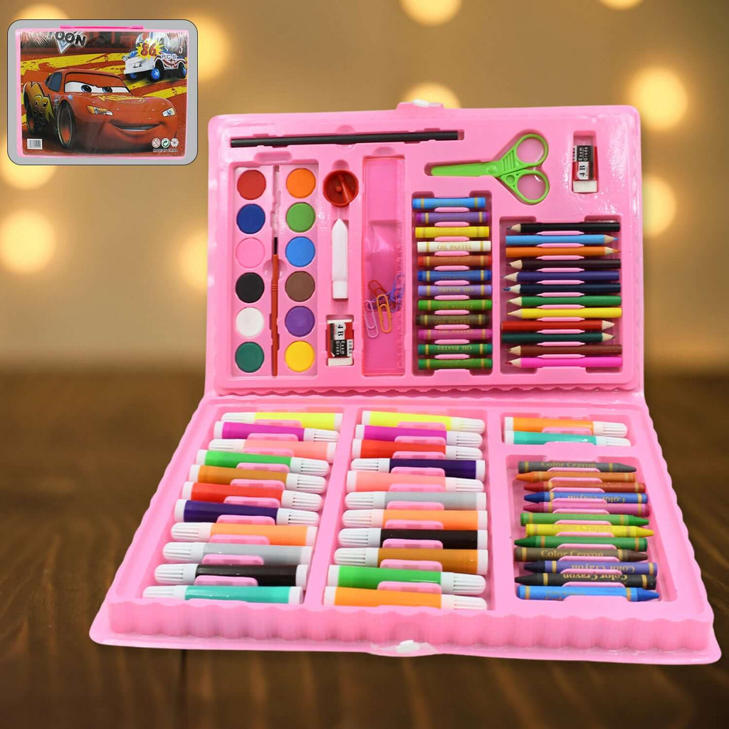 86-Piece Kids Art Set with Colouring Case, including markers, crayons, and watercolors in a pink trifold case.