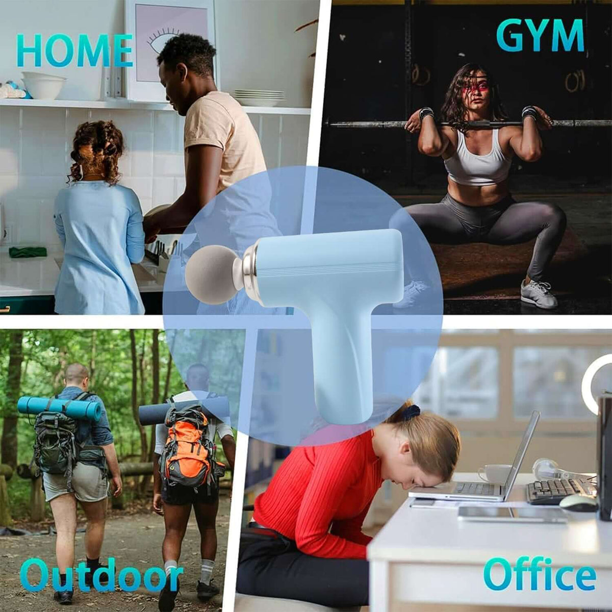 Electric massage gun with interchangeable heads for home, gym, outdoor, and office use.
