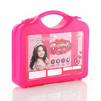 Kids beauty makeup set suitcase in a pink foldable case with a handle, featuring a smiling girl on the packaging.