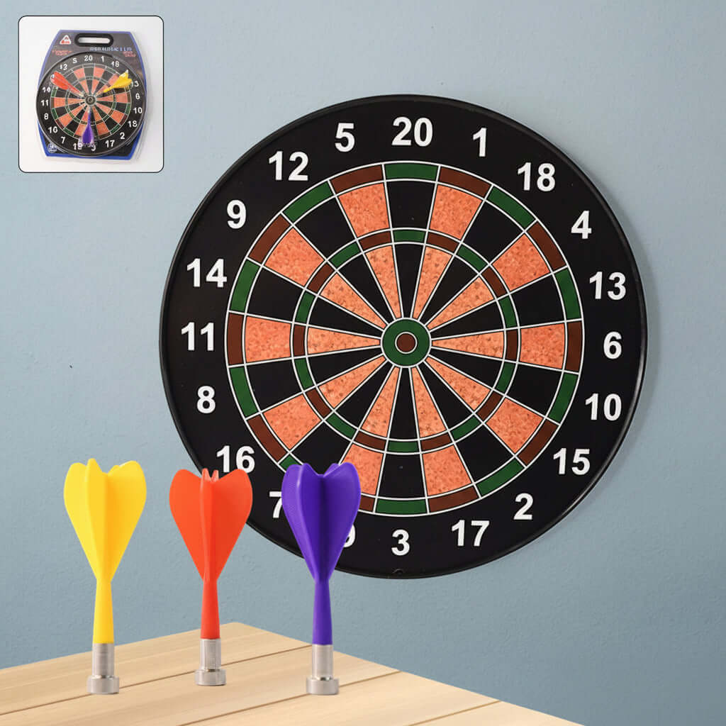 Magnetic dartboard game set featuring a classic numbered board and 3 colorful magnetic darts in yellow, red, and purple.