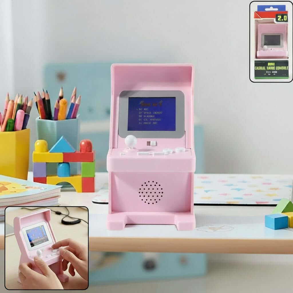Mini Retro Arcade Gaming Console with 120 built-in games displayed on a table, perfect for nostalgic gaming.