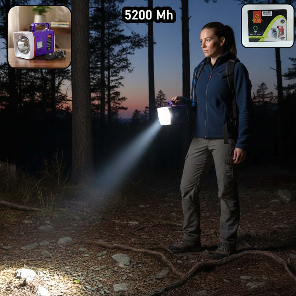 Woman using a rechargeable LED laser torch with 5200mAh battery in a dark forest setting.