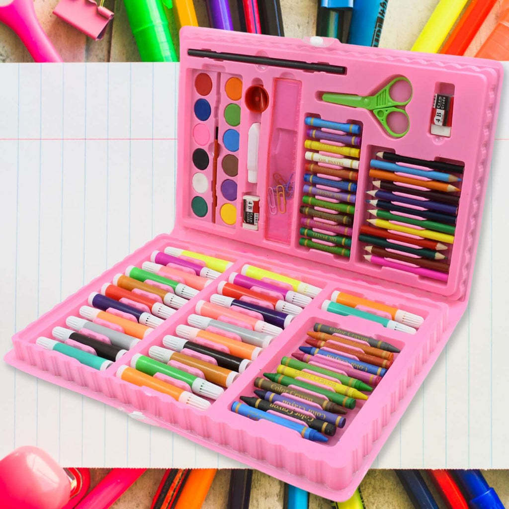 86-piece kids art set with easel featuring oil pastels, crayons, markers, and more in a pink trifold case.