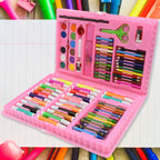 86-piece kids art set with easel featuring oil pastels, crayons, markers, and more in a pink trifold case.