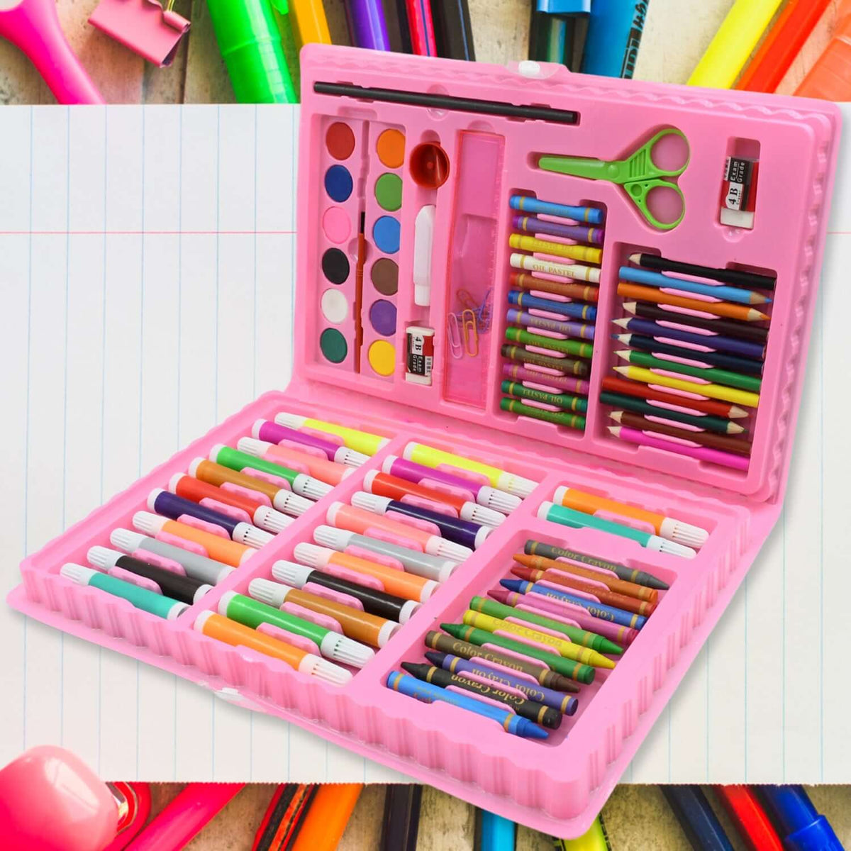 86-piece kids art set with easel featuring oil pastels, crayons, markers, and more in a pink trifold case.