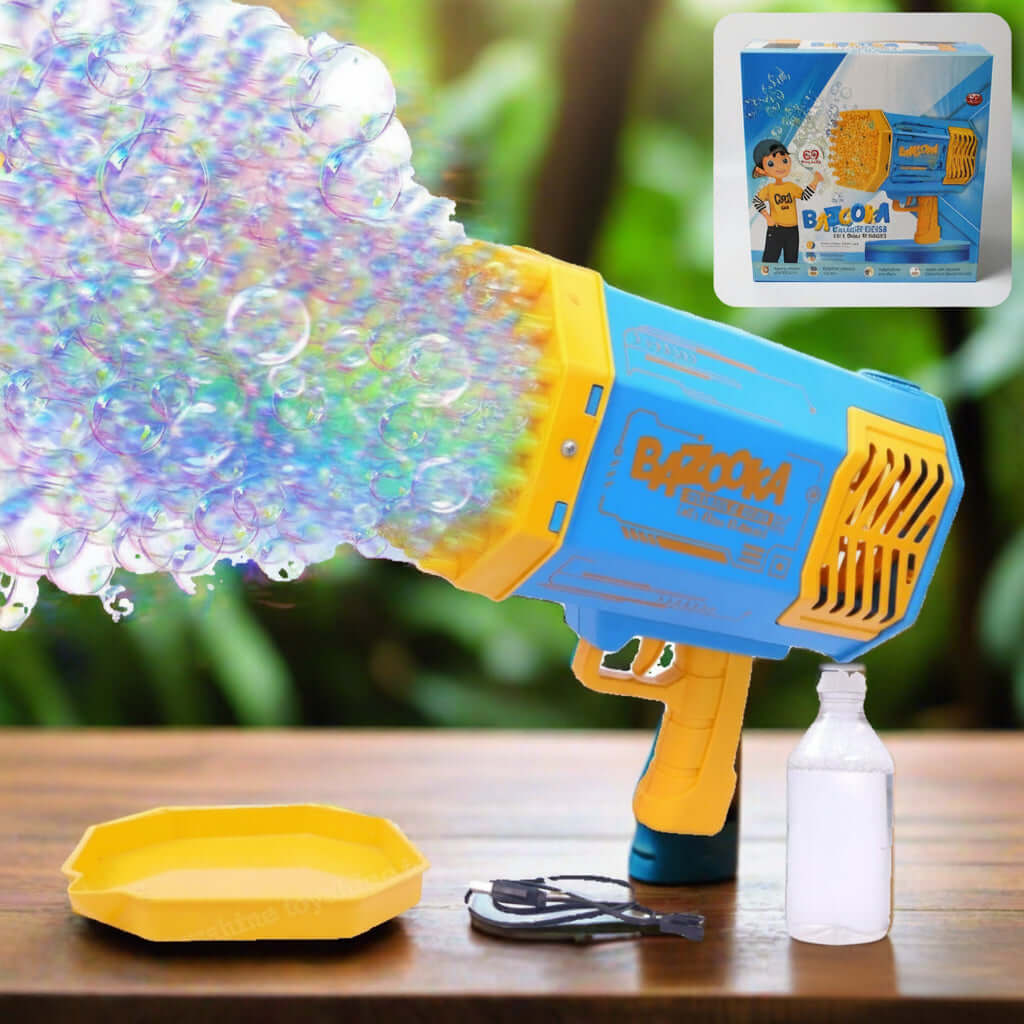 69-hole rechargeable bubble gun for kids shooting colorful bubbles in a garden with a tray and bubble solution bottle.
