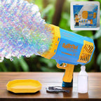 69-hole rechargeable bubble gun for kids shooting colorful bubbles in a garden with a tray and bubble solution bottle.