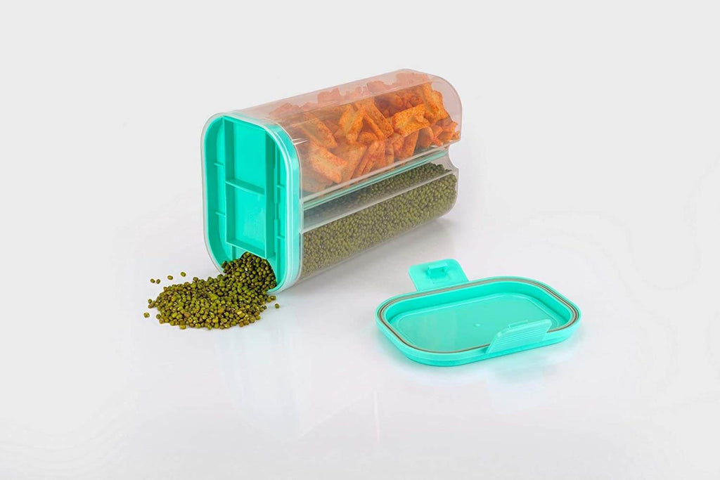 Airtight cereal storage container 2L with green lentils and snacks, featuring transparent design and sliding lids.