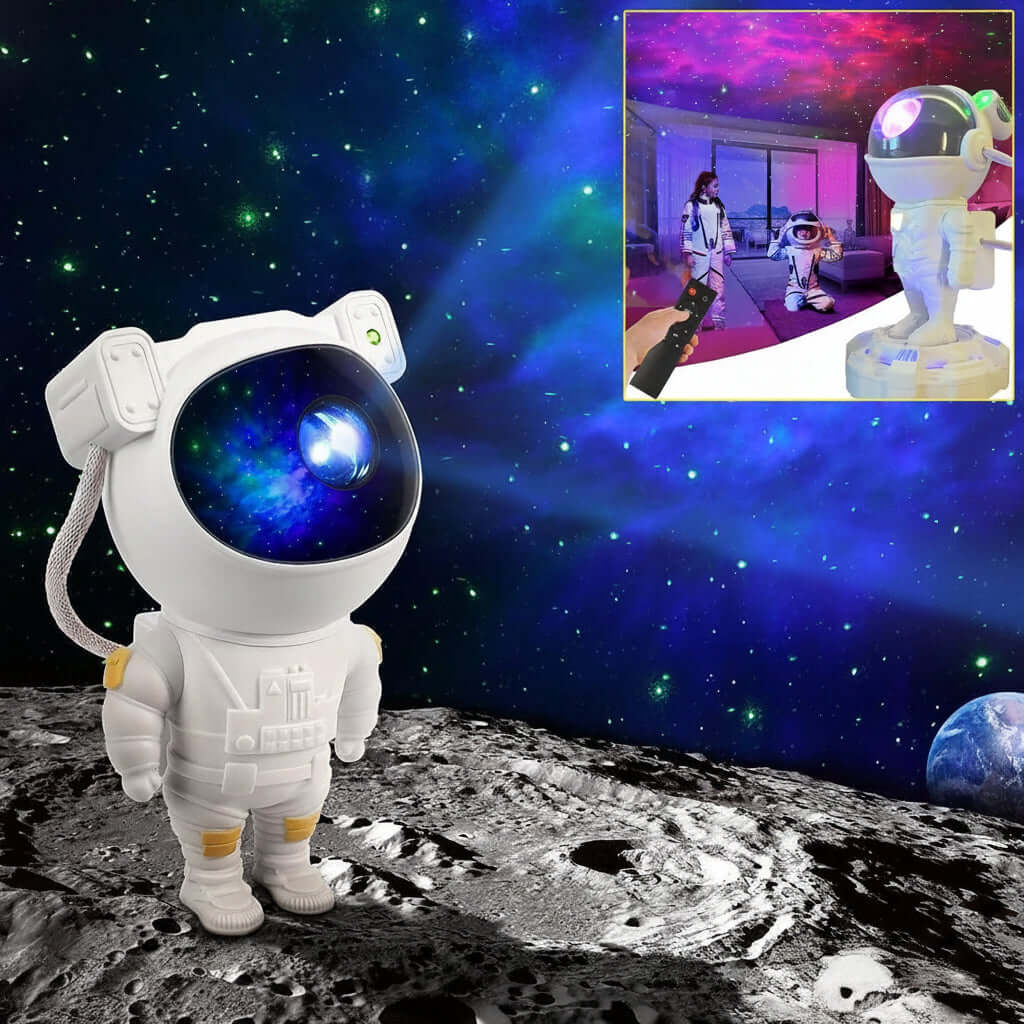Astronaut galaxy projector night lamp illuminating a cosmic scene in a bedroom setting with remote control.