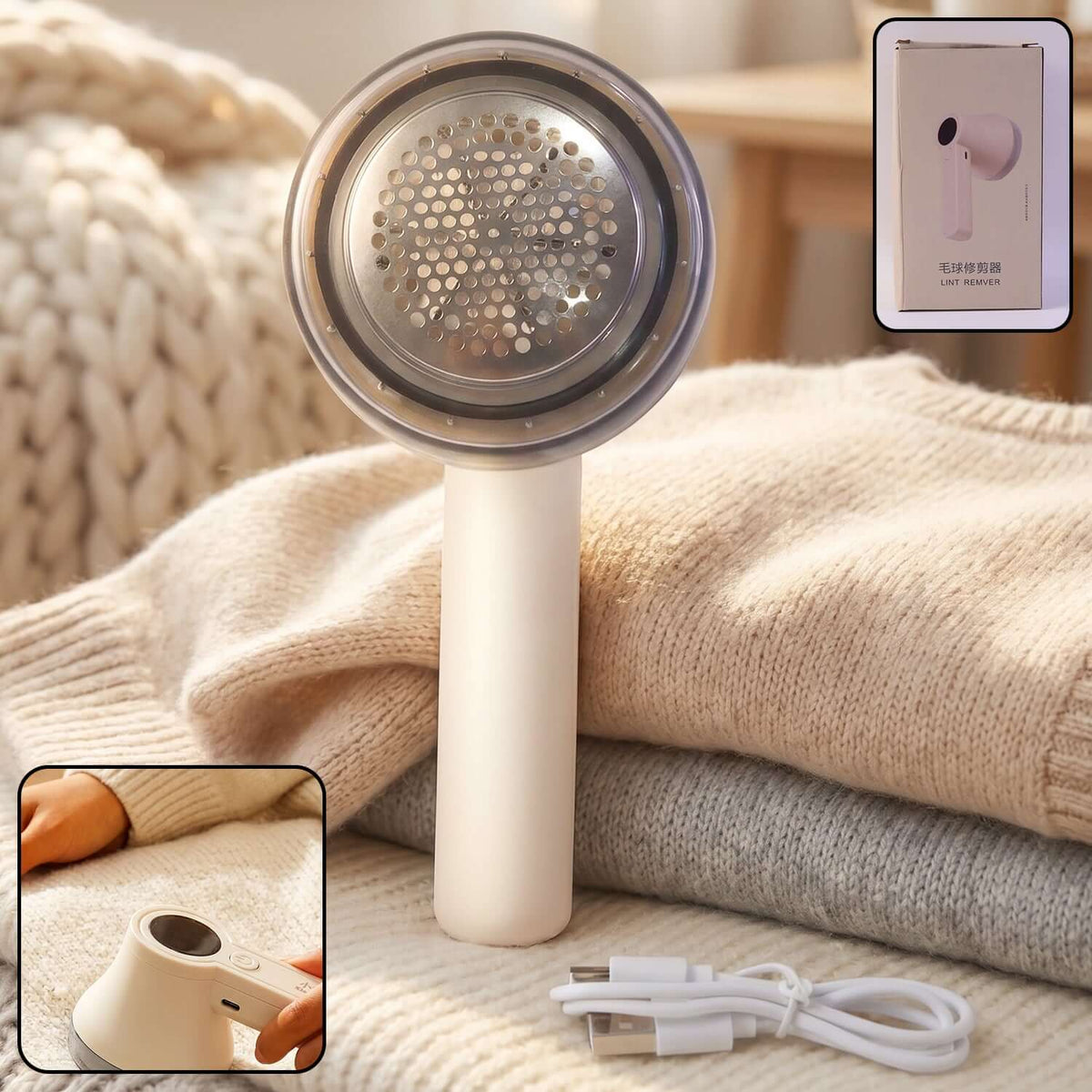 Rechargeable lint remover for clothes designed to remove lint and fuzz from garments and fabrics.