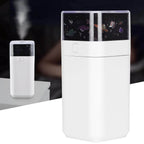 Star projector night light humidifier with ultrasonic mist and starry projection design.