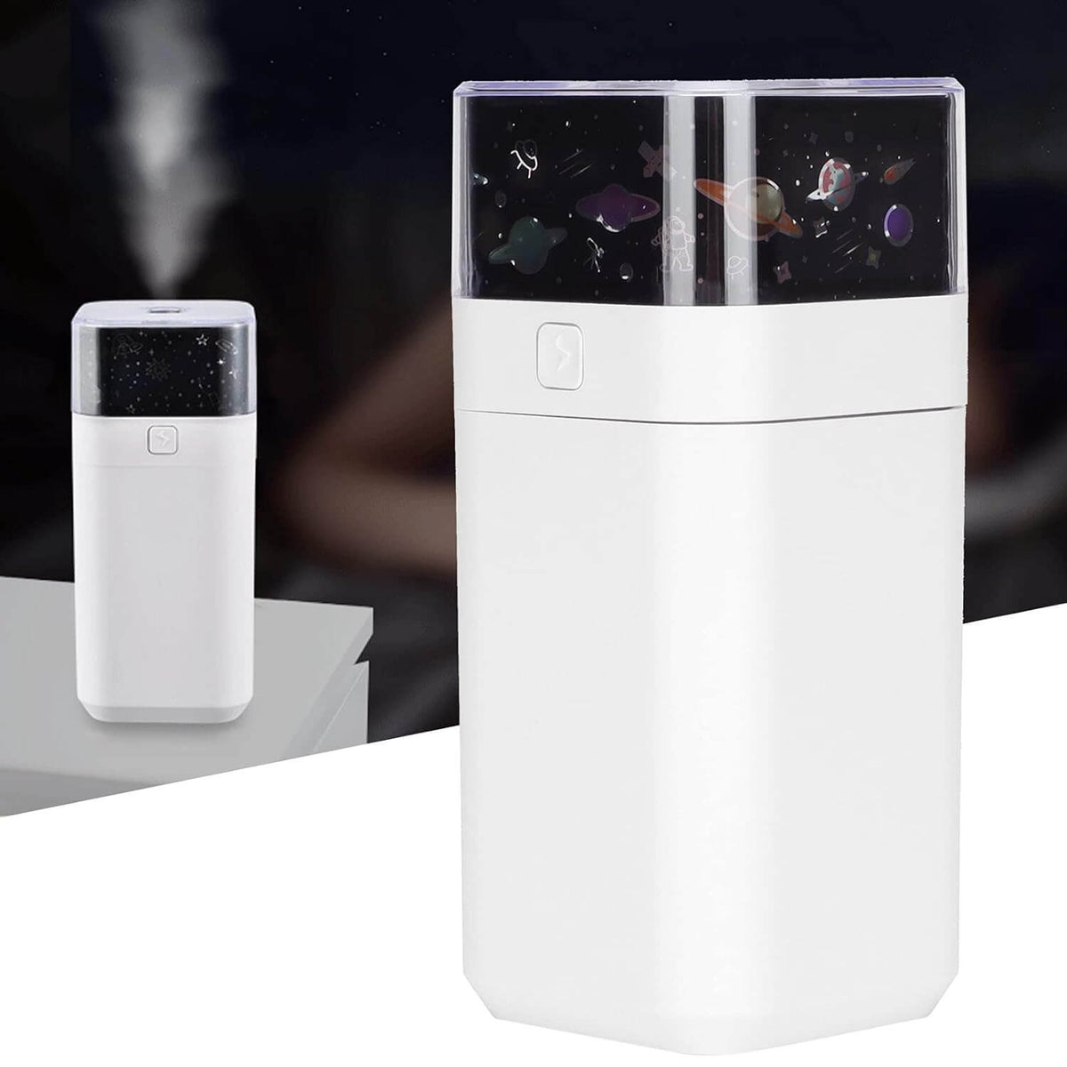 Star projector night light humidifier with ultrasonic mist and starry projection design.