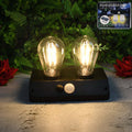 Solar powered LED wall lamp showcasing two LED bulbs on a stylish black base, ideal for outdoor use.