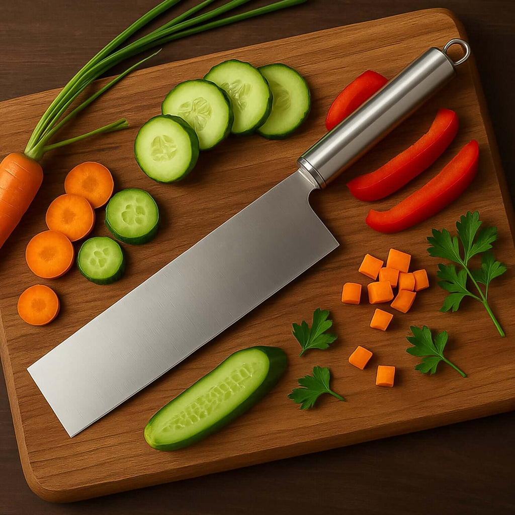 Stainless Steel Vegetable Cleaver Knife - Ultra-Sharp Multipurpose Kitchen Chopper with chopped vegetables on wooden board.