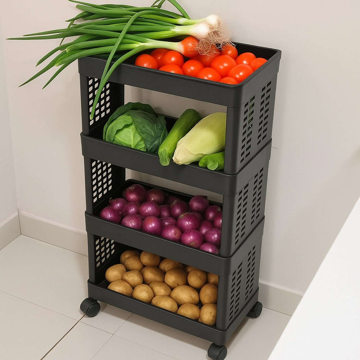 4-layer plastic storage trolley with wheels holding fresh fruits and vegetables in modern kitchen décor.