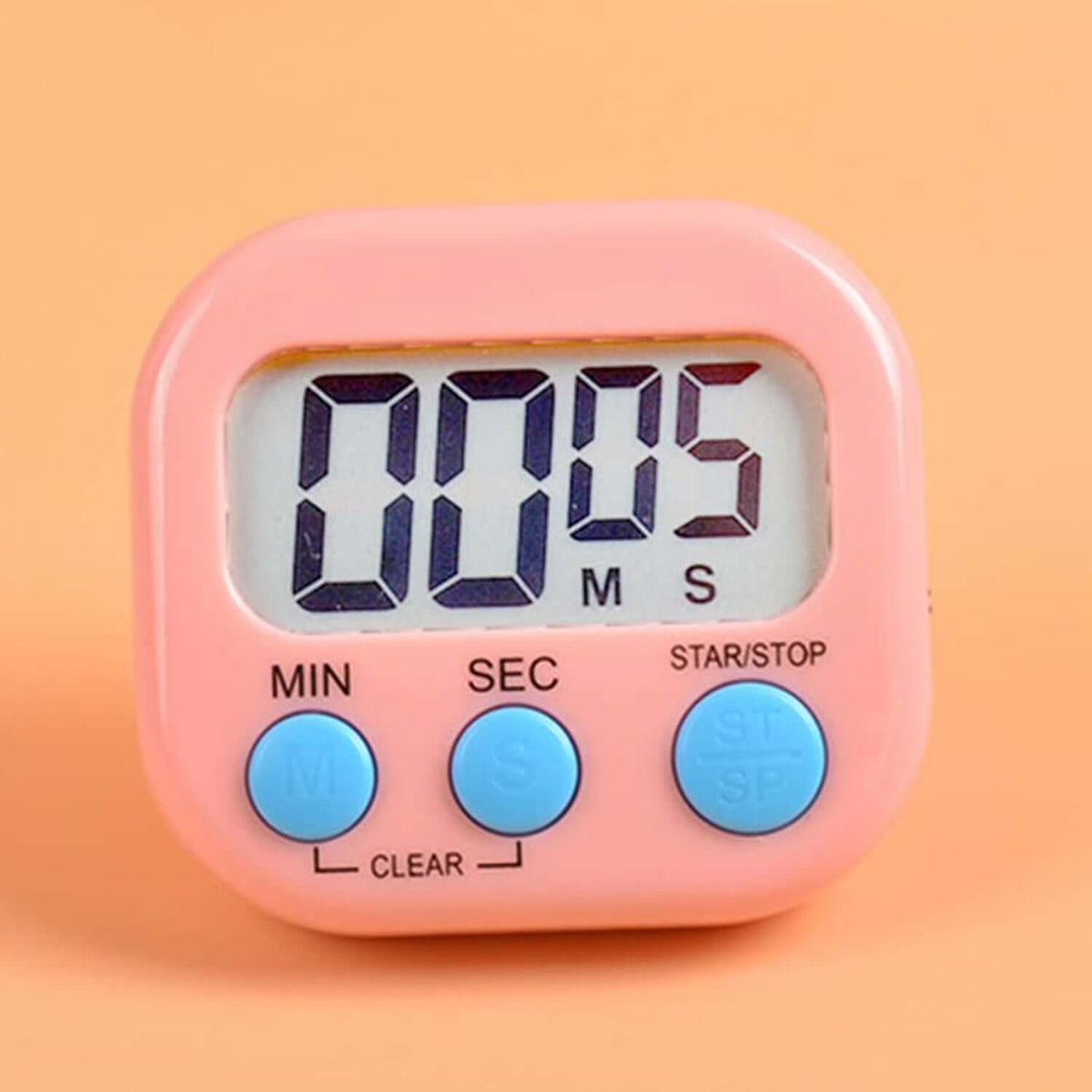 Digital kitchen timer big digits showing countdown timer with big numbers in pink color on orange background.