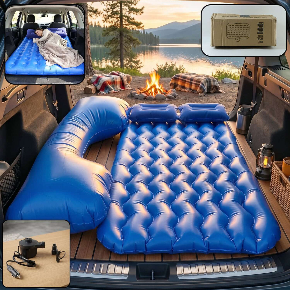 Car air mattress bed set designed for back seat sleeping with inflatable pillows and electric pump.