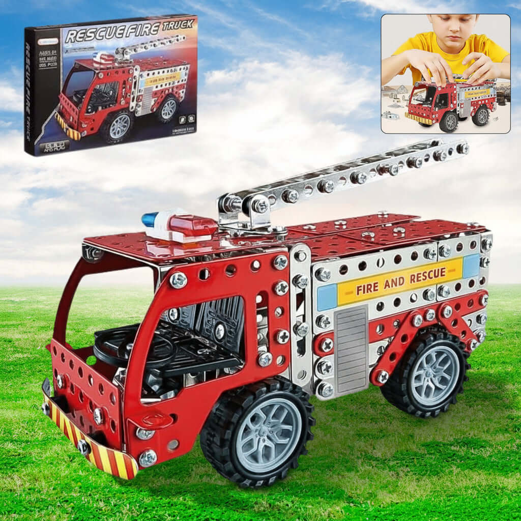 292-piece metal fire truck building blocks set with real tools and instruction manual for hands-on engineering fun.