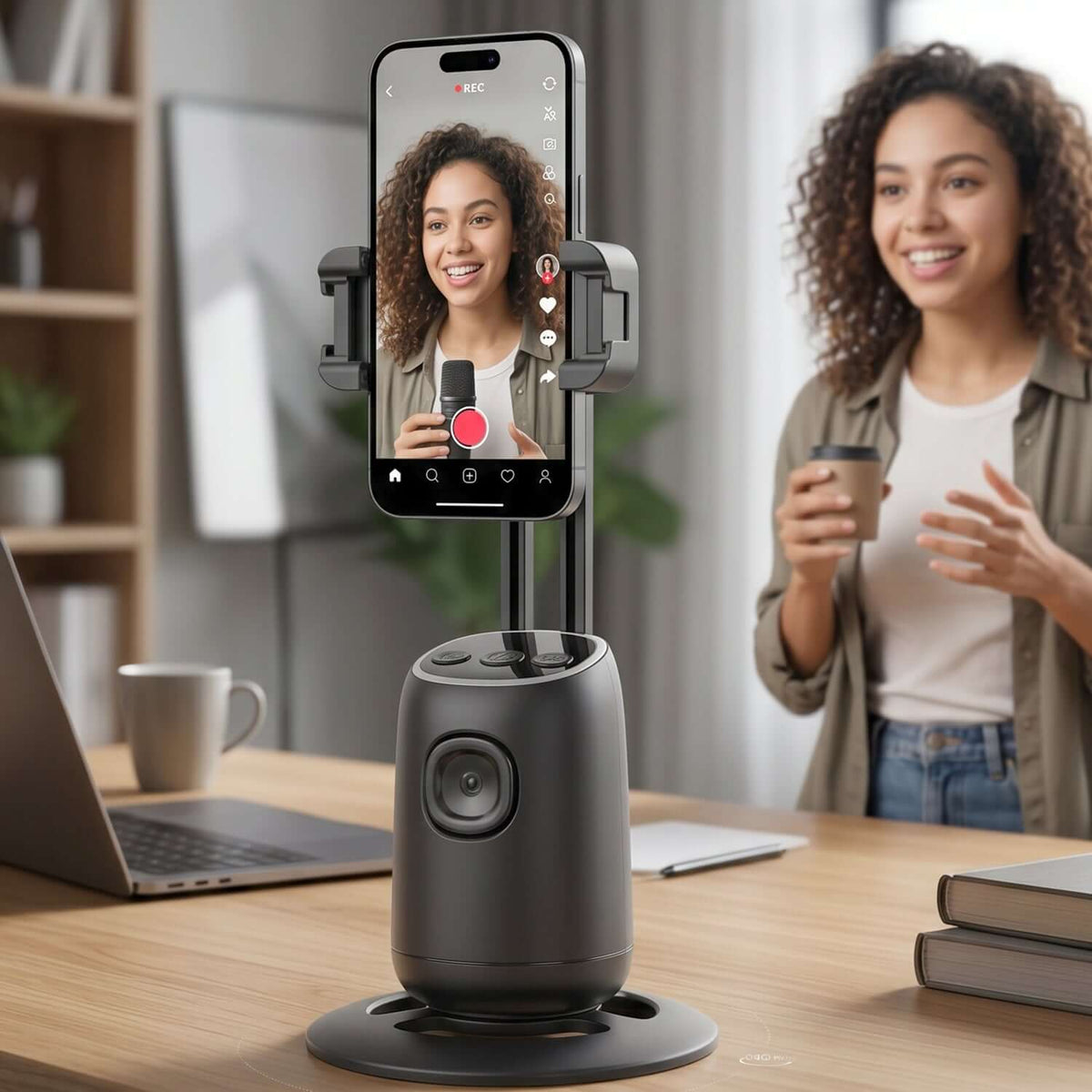 Smart AI face-tracking mobile holder in use during video call or streaming session.