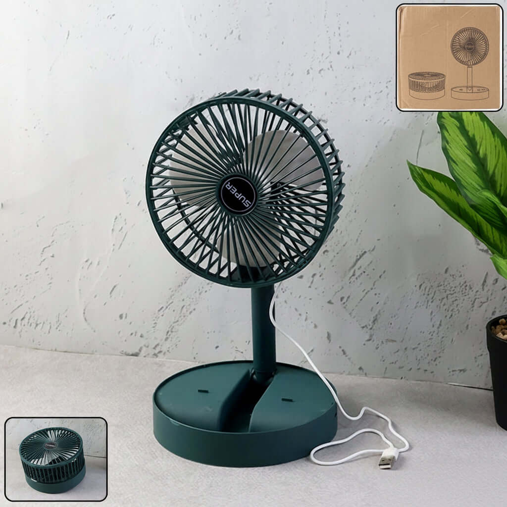 Foldable mini USB desk fan with adjustable height and USB connectivity on a desk.